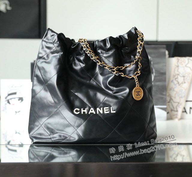 Chanel專櫃新款火爆中號22bag包購物袋 香奈兒收納袋黑色白扣原廠小羊皮鏈條肩背手袋手提袋 djc5258